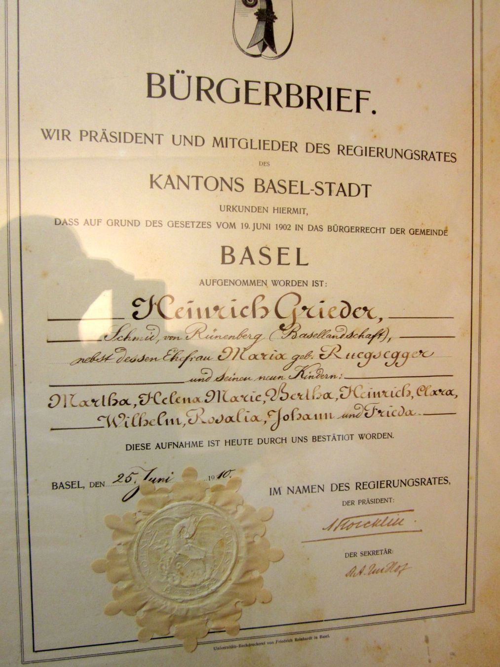 Dokumente: Bürgerbrief Basel-Stadt 1910 – Gebraucht aus Binningen von flugi30 1