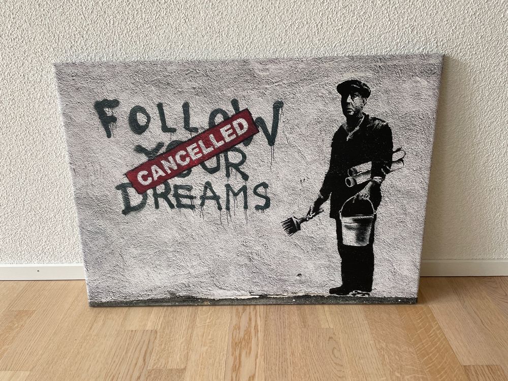 BANKSY 'Follow Your Dreams' Cancelled Canvas Wall Art – Graffiti Style Print, Multiple Sizes (12x8 To 36x24 Inches)