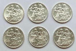 6 schöne Schweizer Silber 5 Franken-Gedenkmünzen von 1948