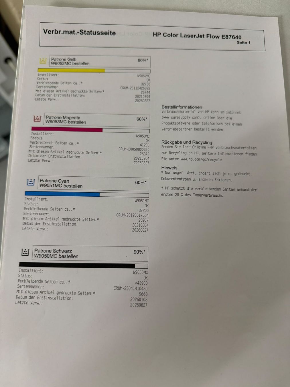 Hewlett Packard Stampanti: HP Color LaserJet Flow E87640 –A3 Farb-Multifunktionsdrucker – Usato da Dottikon venduto da refurbished-IT 4
