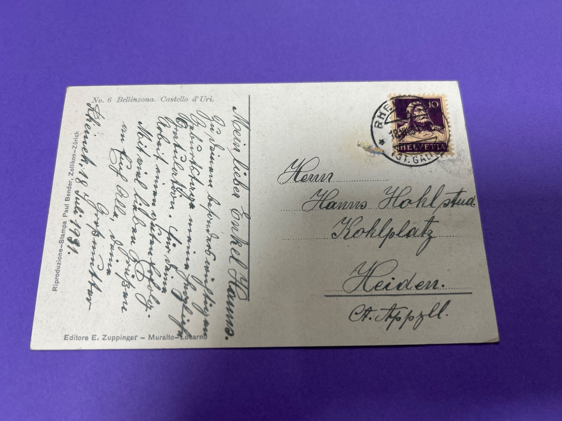 Cartoline postali: Bellinzona Castello d'Uri, 18.7.1931 – Usato da Hefenhofen venduto da Bierinder 1