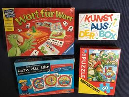 4 Kinderspiele: Wort für Wort, Kunst Box, Uhr, Puzzle