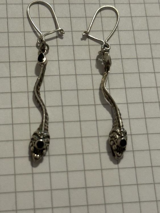 Boucles D'oreilles Anciennes Argent Massif - Serpent Sculpté Et Peinture - Occasion