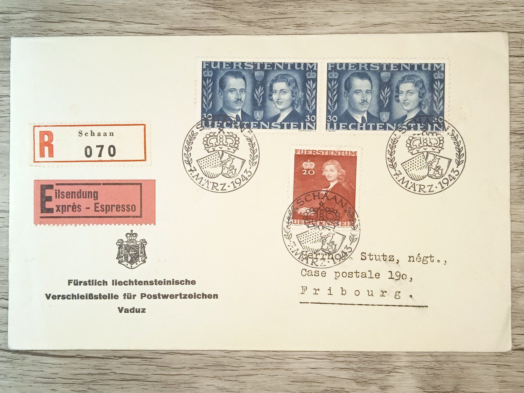 Tutti i francobolli: TR56 Enveloppe + Timbre Liechtenstein 1943 – Usato da Cousset venduto da Patrick_Collections