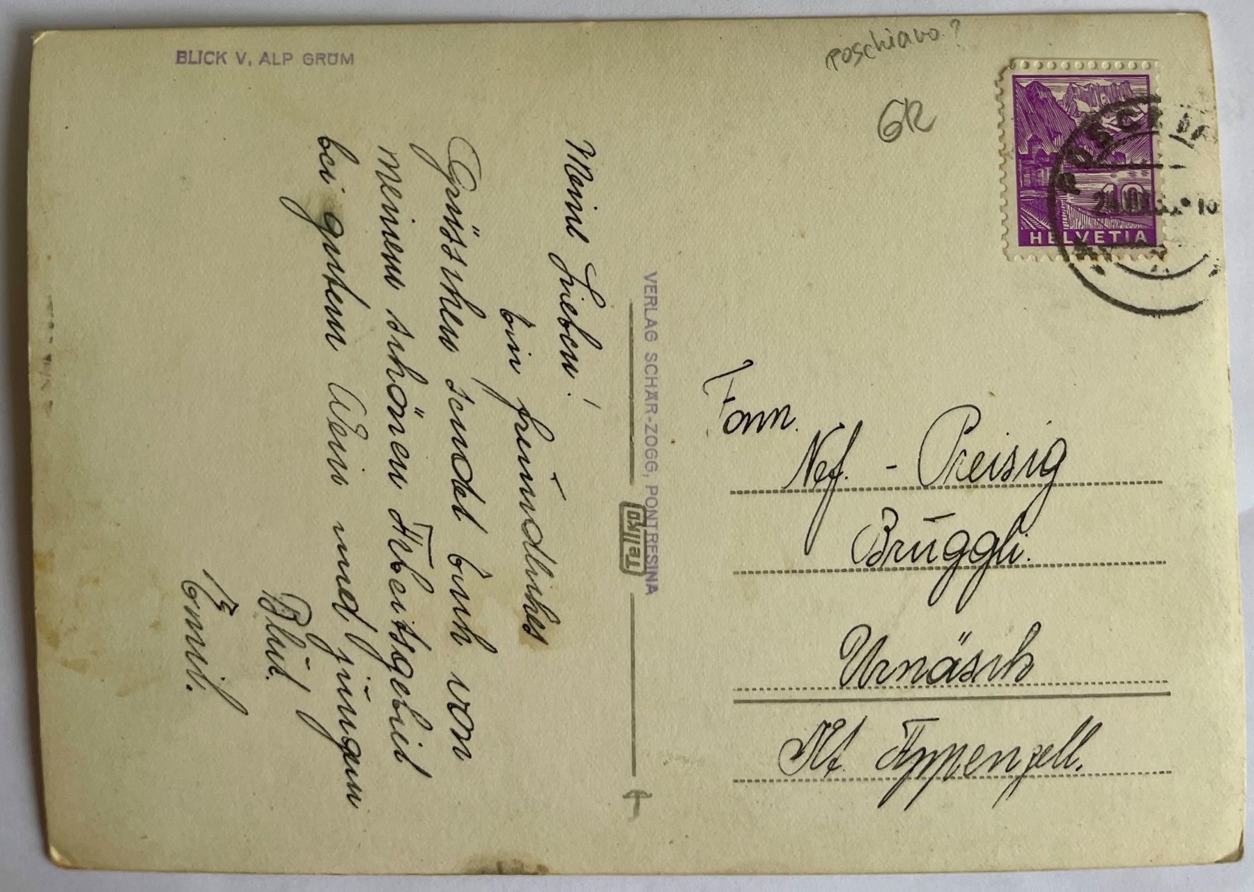 Ansichtskarten: POSCHIAVO - Blick Alp Grüm 1939 – Gebraucht aus Lutry von Ediego 1