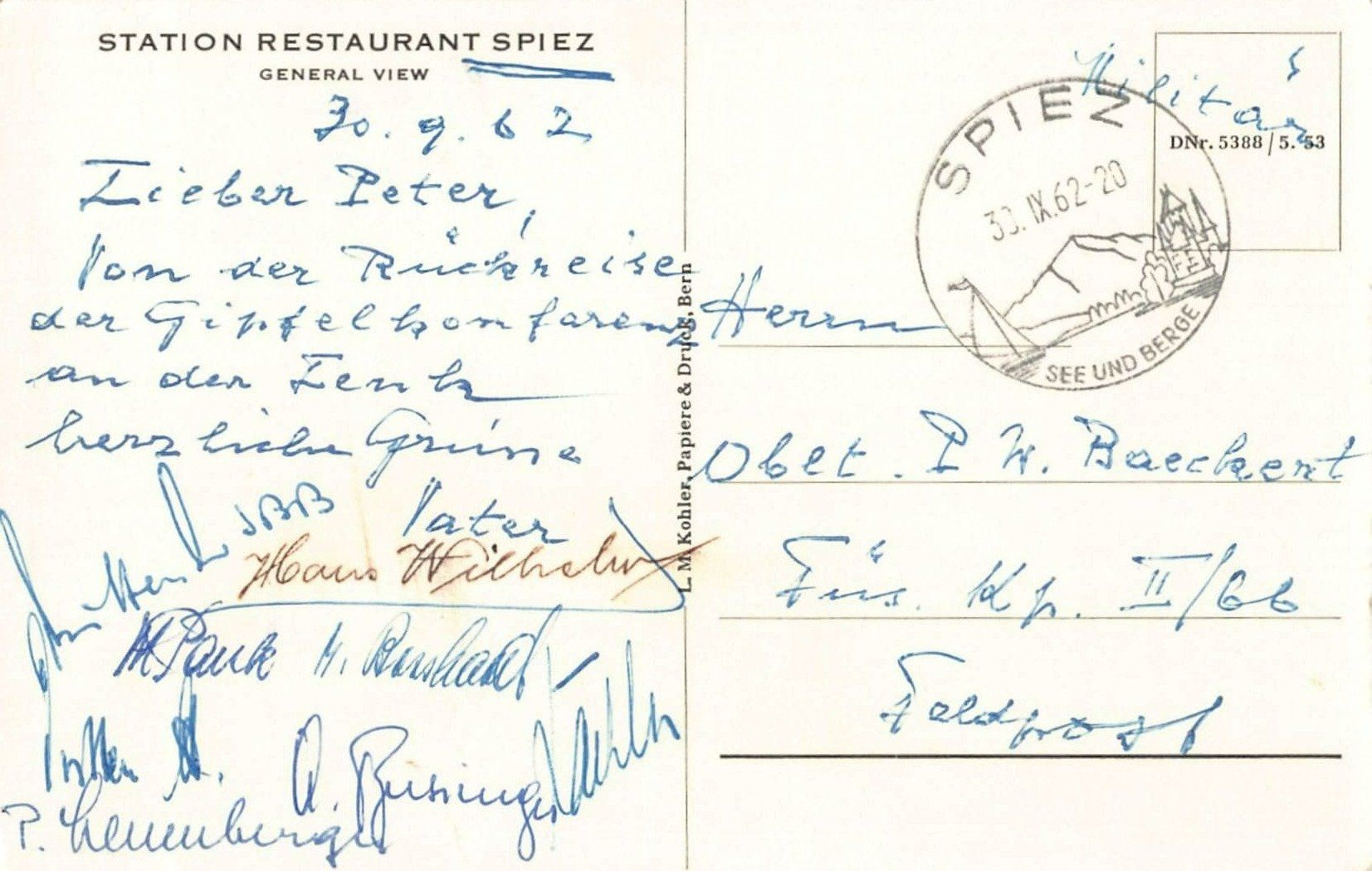 Cartoline postali: Gruss aus SPIEZ - Station Restaurant – Usato da Winterthur venduto da SchatzchischtliWinti 1