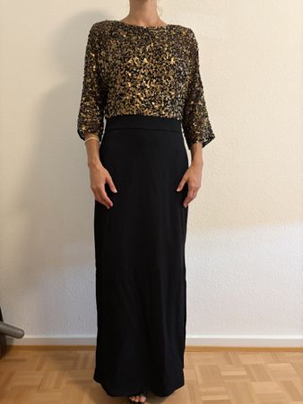 Abendkleid schwarz gold Pailletten langer Rock Grösse S