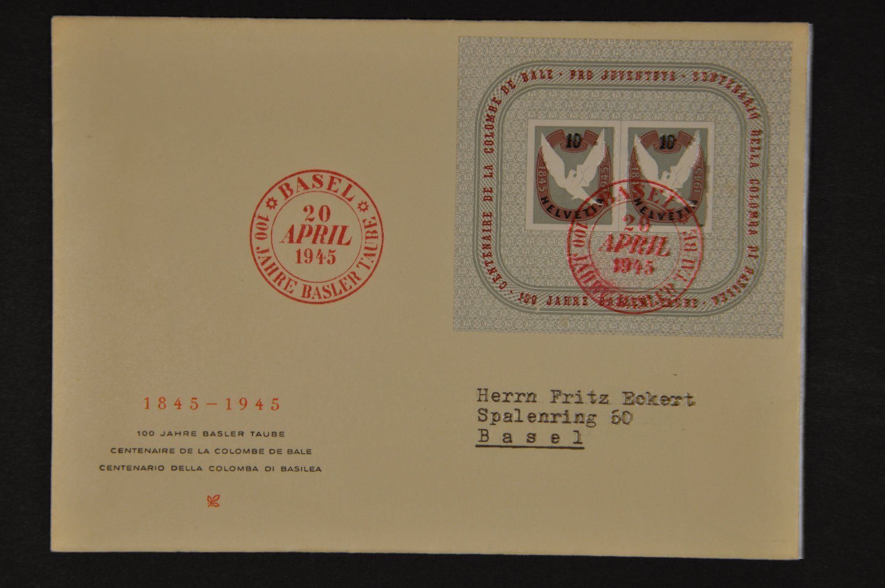 Tutti i francobolli: 1945 Block W23 Brief – Usato da Wolfhalden venduto da Zinauktion