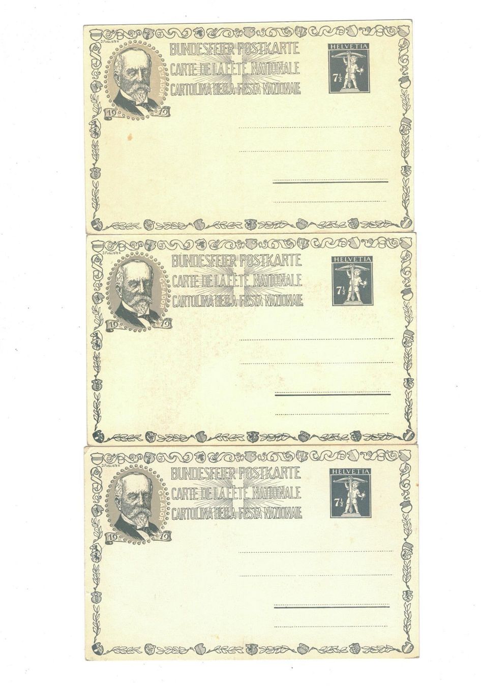 Tutti i francobolli: Ganzsache 3x Bundesfeier 1919 ** – Usato da Oberwil-Lieli venduto da pizbeverin12 1