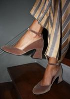 Flabelus velvet and leather pump high block heel nude brown