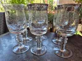 6 Weingläser mit Platinrand und Pantografie, Murano Medici