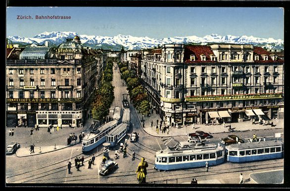 Cartoline postali: Zürich, Bahnhofstrasse mit Hotel Schwei – Usato da Berlin venduto da bartko-reher