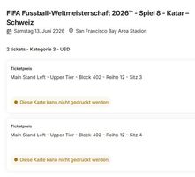 FIFA WM 2026 - Schweiz vs. Katar - 2 Tickets - Kat. 3