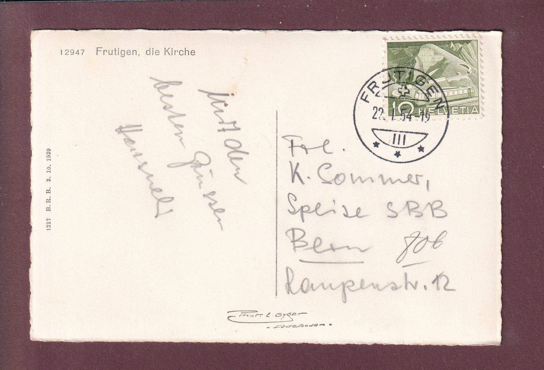 Ansichtskarten: FRUTIGEN - Kirche - 1954 – Gebraucht aus Pully von nicecards 1