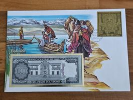 Notenbrief Bankfrische 1.000-Pesos-Banknote aus Bolivien