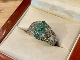 VINTAGE RING STERLING 925, SMARAGTE, KLEINE CITRINE, GR.54