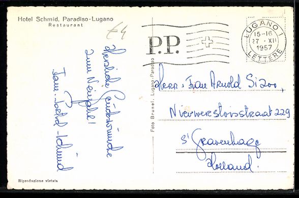 Ansichtskarten: AK Lugano - Paradiso, Hotel Schmid, 1957 – Gebraucht aus Berlin von bartko-reher 1