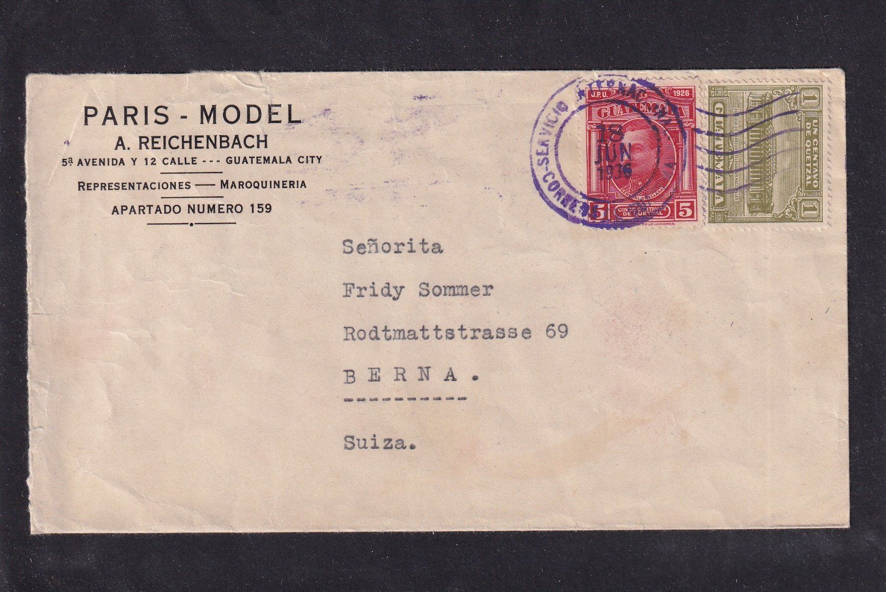 Tutti i francobolli: Paris Model Maroquinerie  Guatemala - Bern 1936 – Usato da Orvin venduto da Pyaeschli