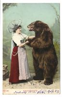 Bärenkarte - Appenzeller Trachtenfrau begrüsst Bär - 1906