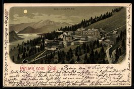 Lithographie Rigi-Kaltbad, Mit Hotelanlagen am Hang und Seeb