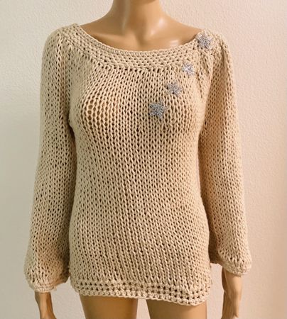 Damen Pullover beige mit Sternen Applikation Neu