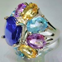 Blumen Design Ring mit bunten Edel Steinen Silber neu