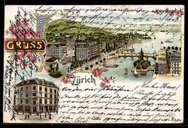 Litho Zürich, Ortspartie, Dampfer, Geb