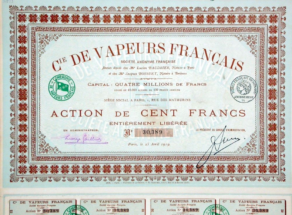 Dokumente: Compagnie de Vapeurs Français SA, Paris - 1919 – Gebraucht aus Solothurn von Sgasche