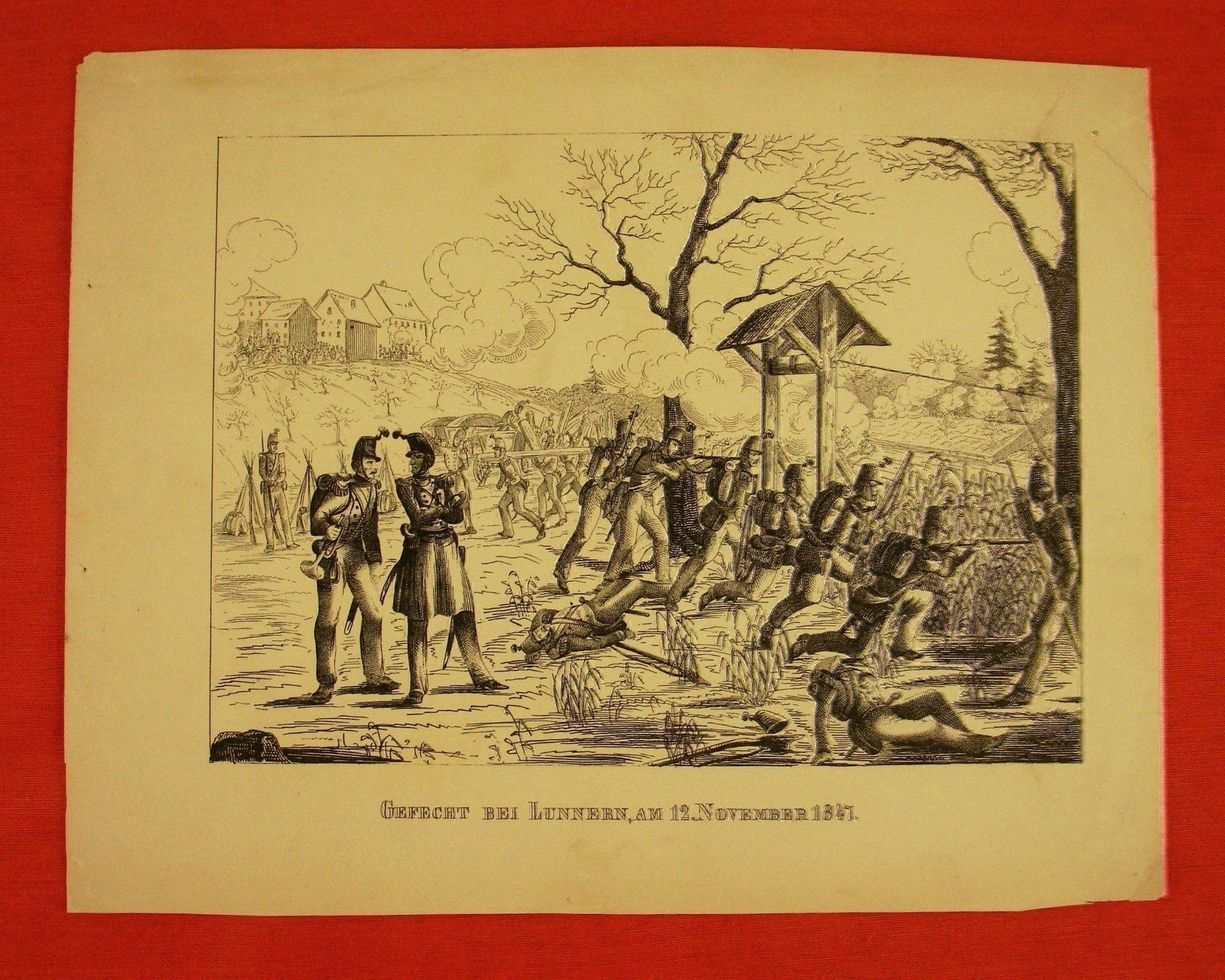 Grafiken & Lithographien: GEFECHT BEI LUNNERN, LITHORGRAPHIE, 1850 – Gebraucht aus Grüningen von Kartensammler 1