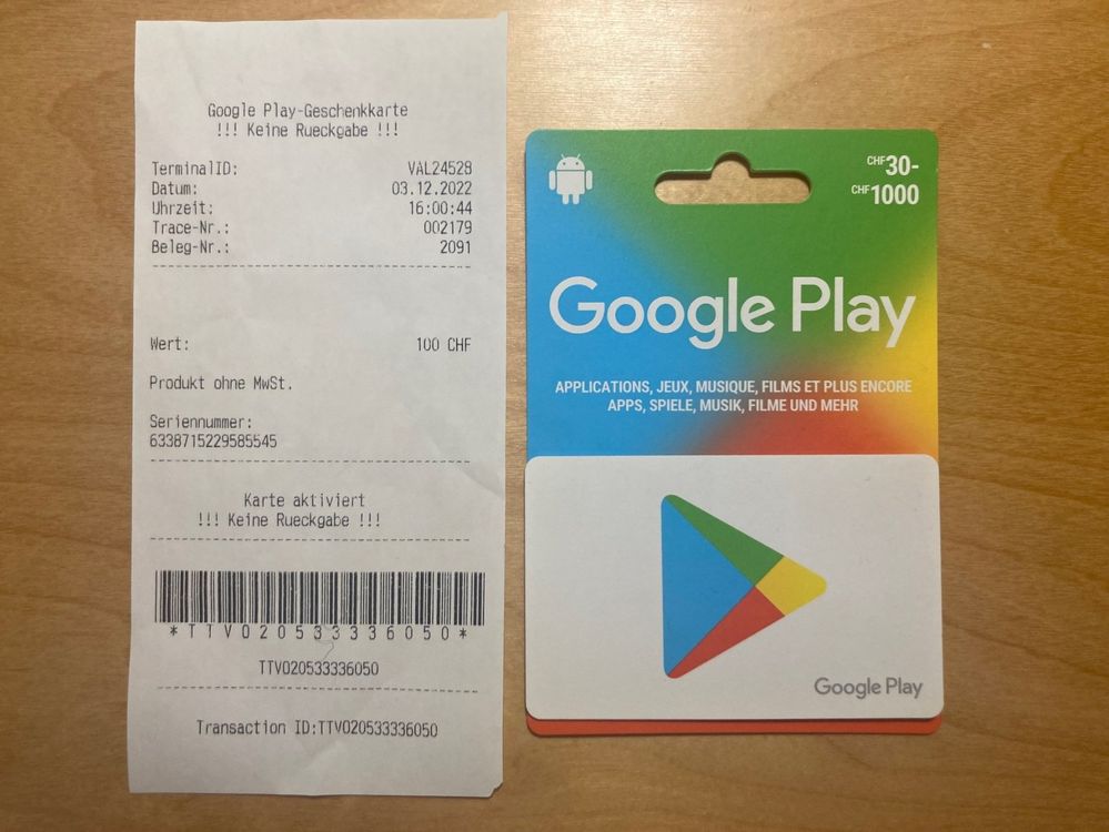 Google Play Karte, Wert Fr. 100.