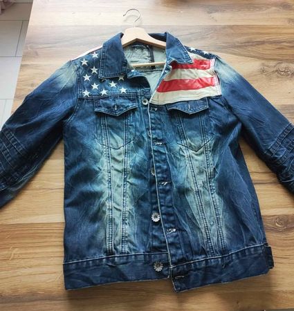 Jeansjacke im Used Look mit Sternen-Flaggen-Design Gr. M