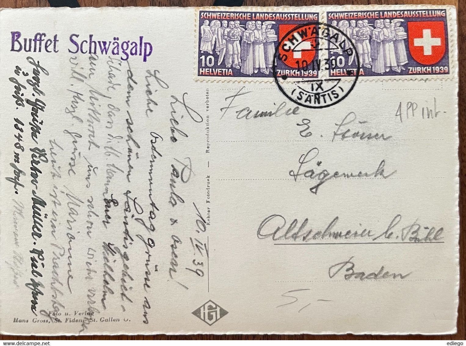 Ansichtskarten: AK:  SCHWÄGALP - SCHWEBEBAHN TALSTATION 1939 – Gebraucht aus Lutry von Ediego 1