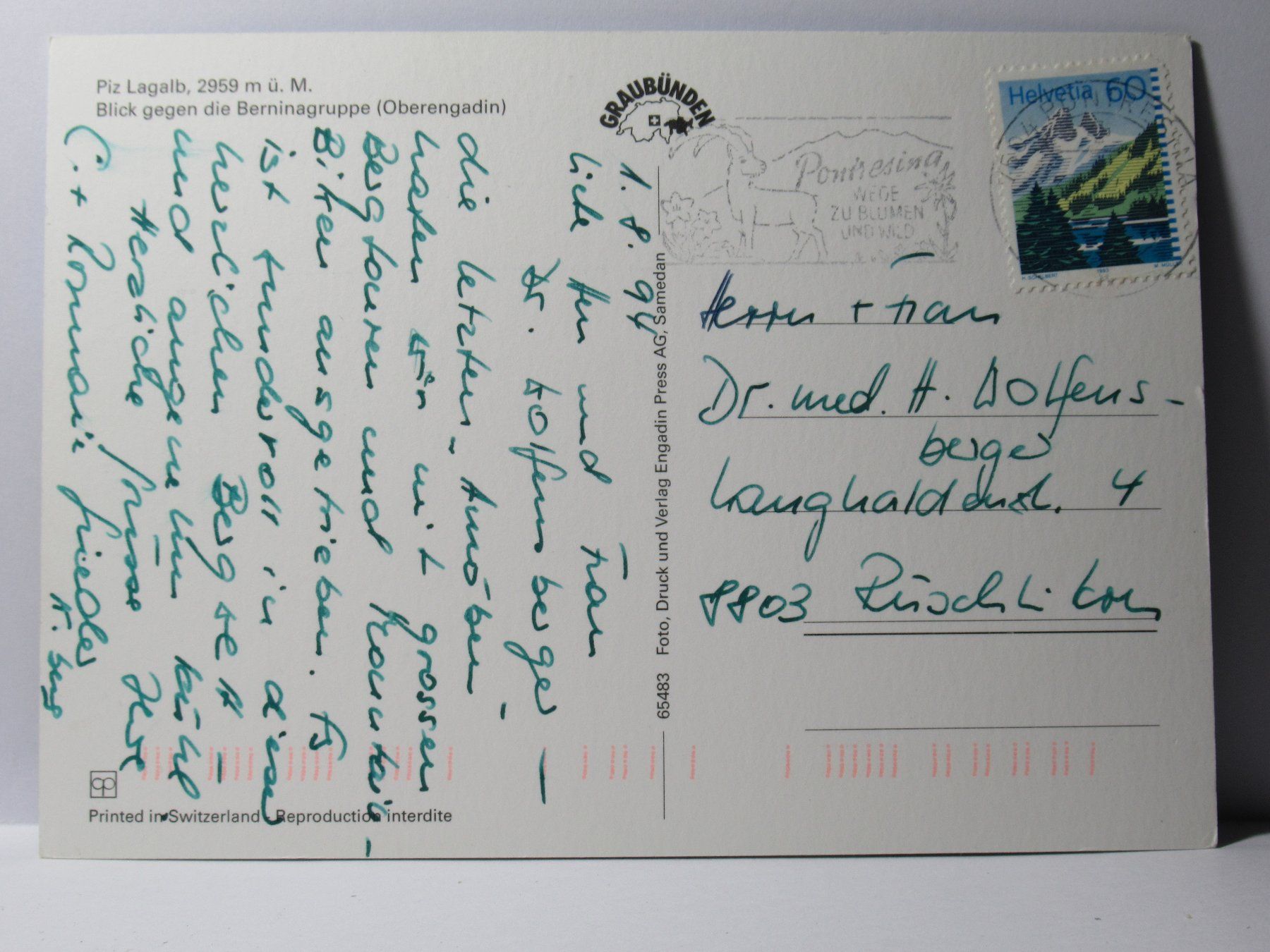 Cartoline postali: Piz Lagalp  1994 – Usato da Grenchen venduto da Bluemchen1900 2