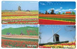 4 Telefonkarten Japan Mühlen und Tulpenfelder in Holland