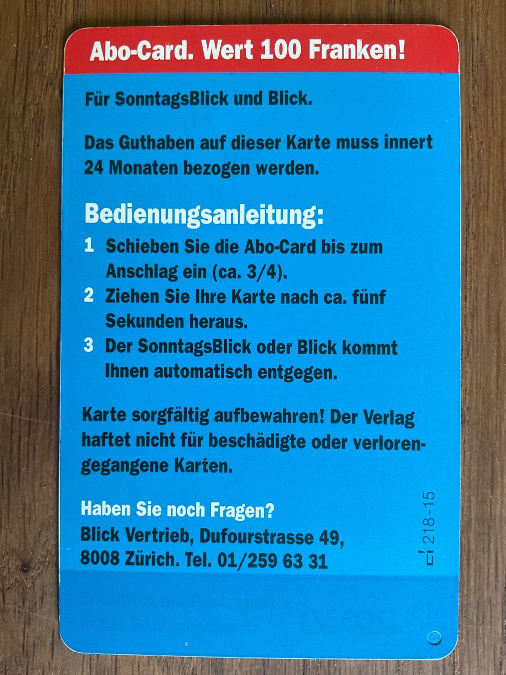 Cartes de téléphone: Blick Abo-Card 100 Franken. Kinder – D'occasion à Zürich par Tolima194 1