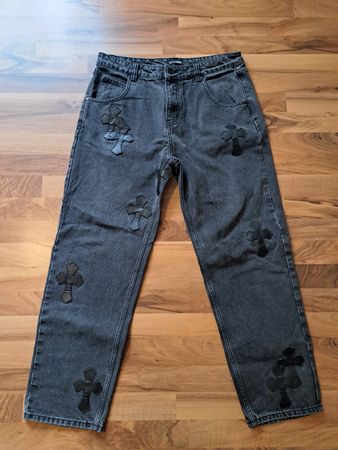 Jeans Herren Grau mit Kreuz Applikationen Jeans Grösse 36