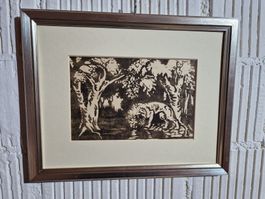Holzschnitt Löwe am Bach