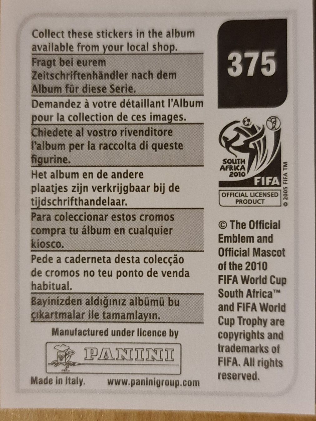 Panini Carte collezionabili: Panini WM 2010 Nr. 375 – Nuovo (secondo la descrizione) da Dintikon venduto da Prime-shop 1