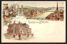 Litho Zürich, Rathaus und Flusspartie i