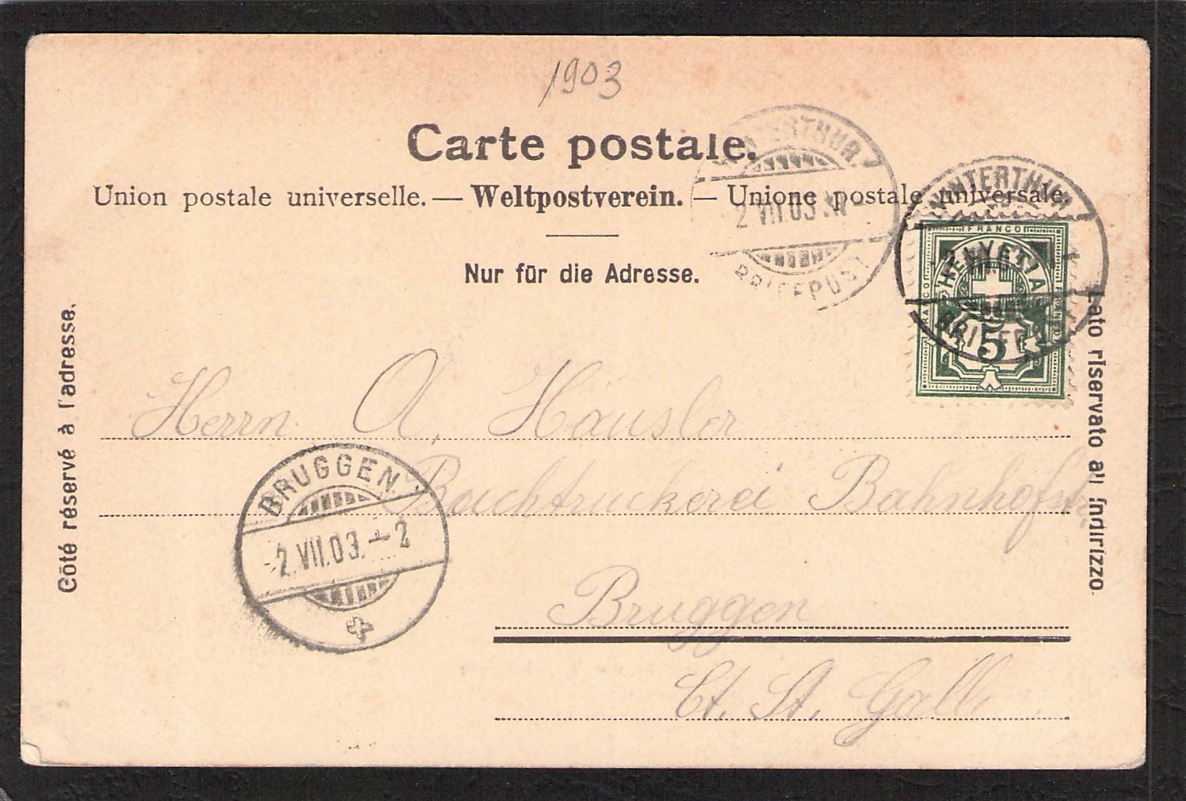 Cartoline postali: Winterthur , Bahnhofplatz , gel. 1903 – Usato da Reichenburg venduto da Pipo-67 1