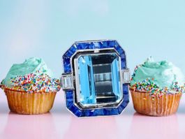Vintage Aquamarin Ring mit Saphir Halo und Diamanten, Platin