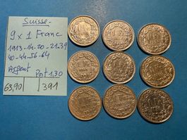 SUISSE : 9 X 1 FRANC 1913-14-20-21-39-40-44-56-64-