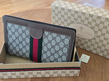 Gucci Vintage Clutch / Necessaire aus Leder Canvas Braun