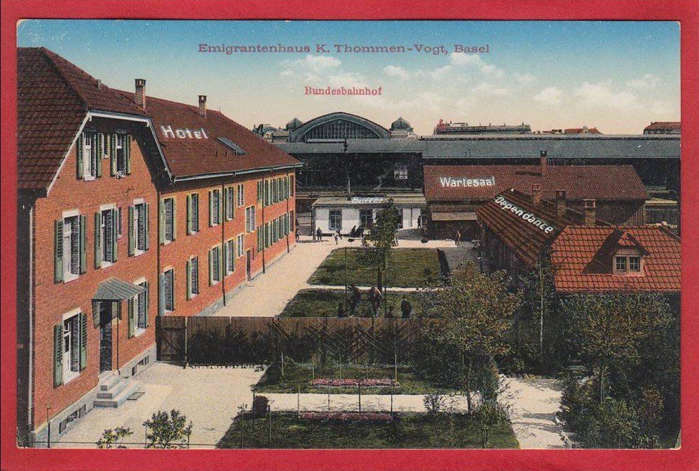 Cartoline postali: BASEL EMIGRANTENHAUS K. THOMMEN-VOGT, BAHNHOF – Usato da Grüningen venduto da Kartenlaube