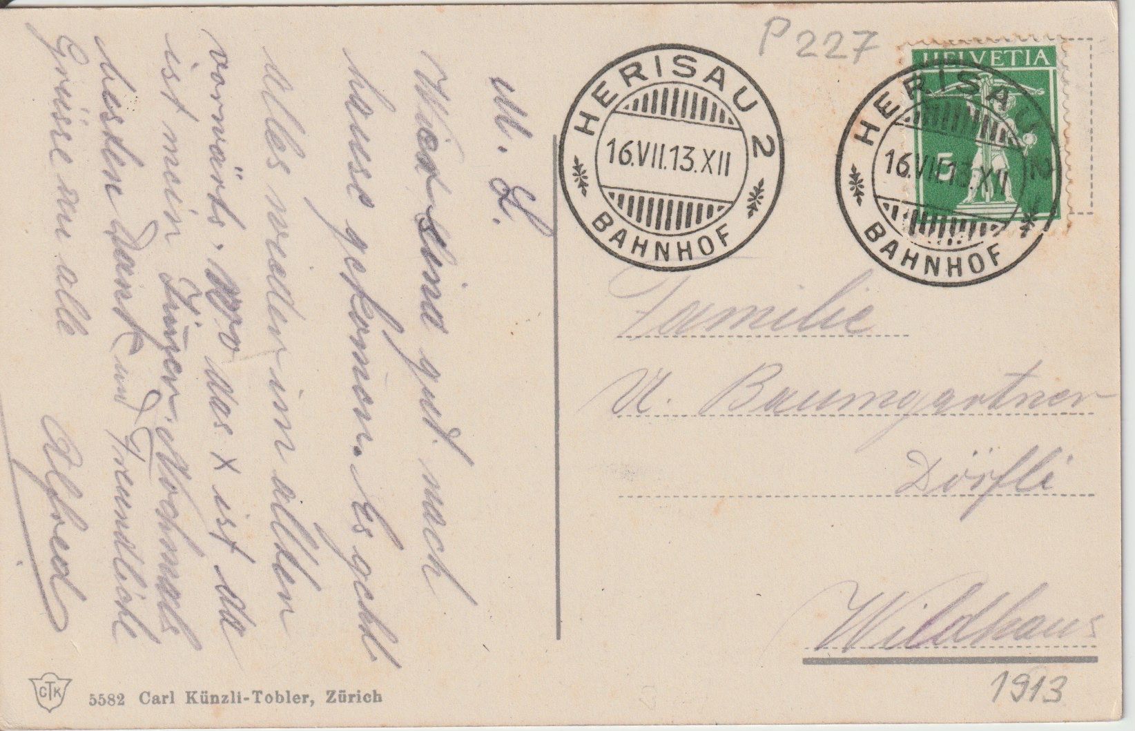 Cartoline postali: P 227 Herisau mit Säntis, 1913 – Usato da Freienbach venduto da Bhaltis 1