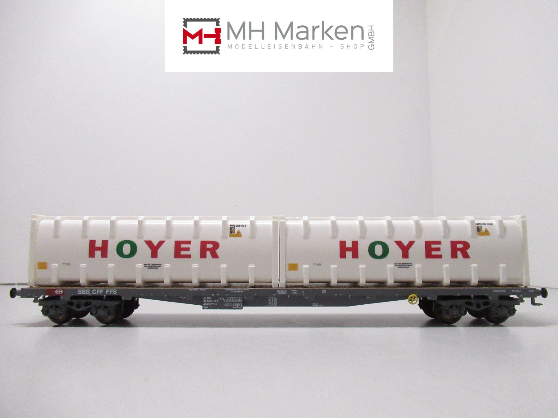 Hag Modellini di ferrovie: HAG 357 SBB CFF FFS Flachwagen mit Hoyer Container Ladung – Usato da Basel venduto da mhmarken
