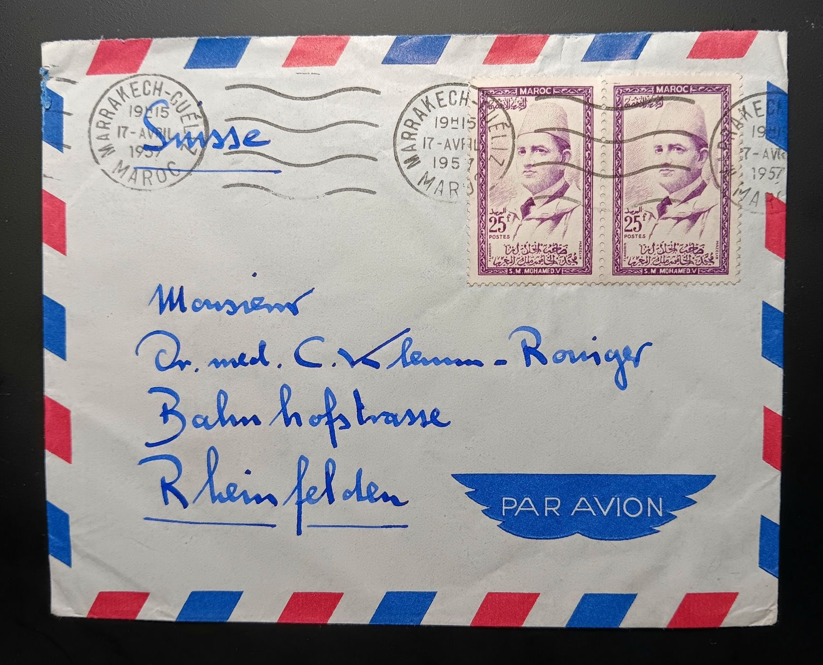Tutti i francobolli: MAROKKO FLUGBRIEF NACH RHEINFELDEN 1957 – Usato da Holderbank AG venduto da DINOS-PHILA