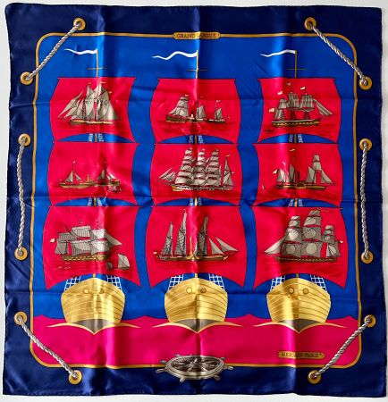 Superbe foulard HERMES-Paris "Grand Largue" 1980, avec box