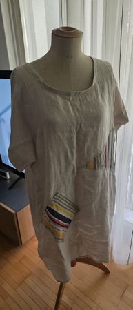 Leinen Kleid beige bunt gestreift Grösse XL 100 cm