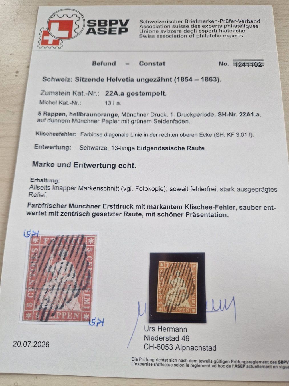 Tutti i francobolli: Strubel 22Aa, Attest, Abart, Kat 2000.- + 400.- – Usato da Burgdorf venduto da Glossy01